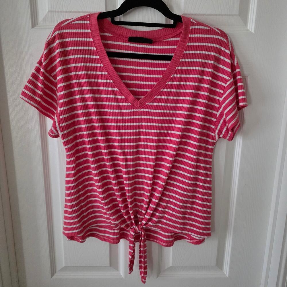Lane Bryant Pink & White Striped Waffle V-Neck Tie-Front Tee Size 10/12
